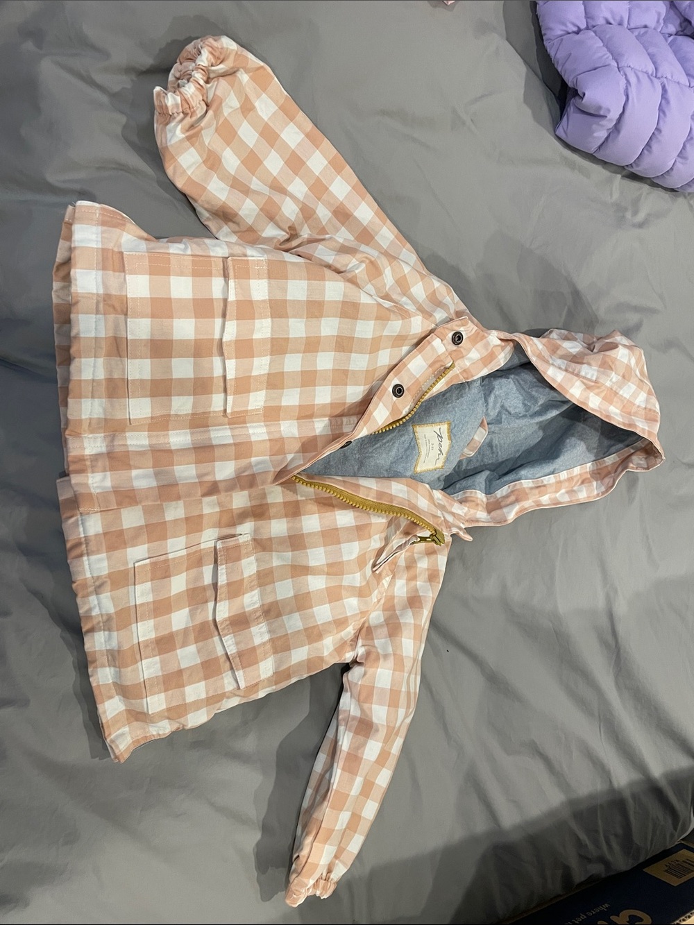 Girls' Peach Gingham Hooded Rain Jacket
